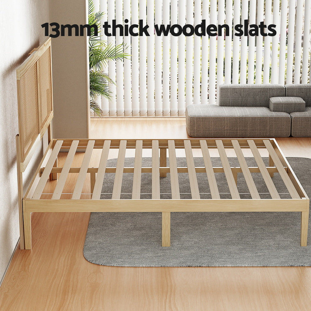 Bed Frame Double Size With Rattan Headboard Wooden Bed Base Bruno