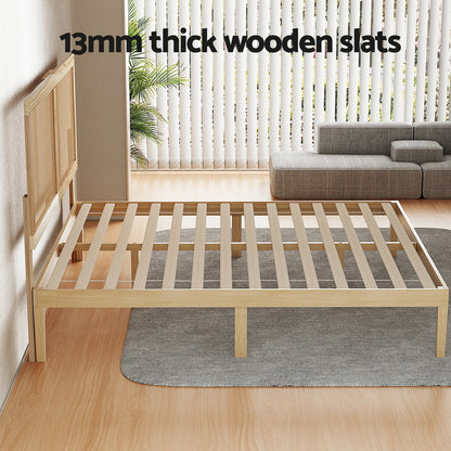Bed Frame Double Size With Rattan Headboard Wooden Bed Base Bruno