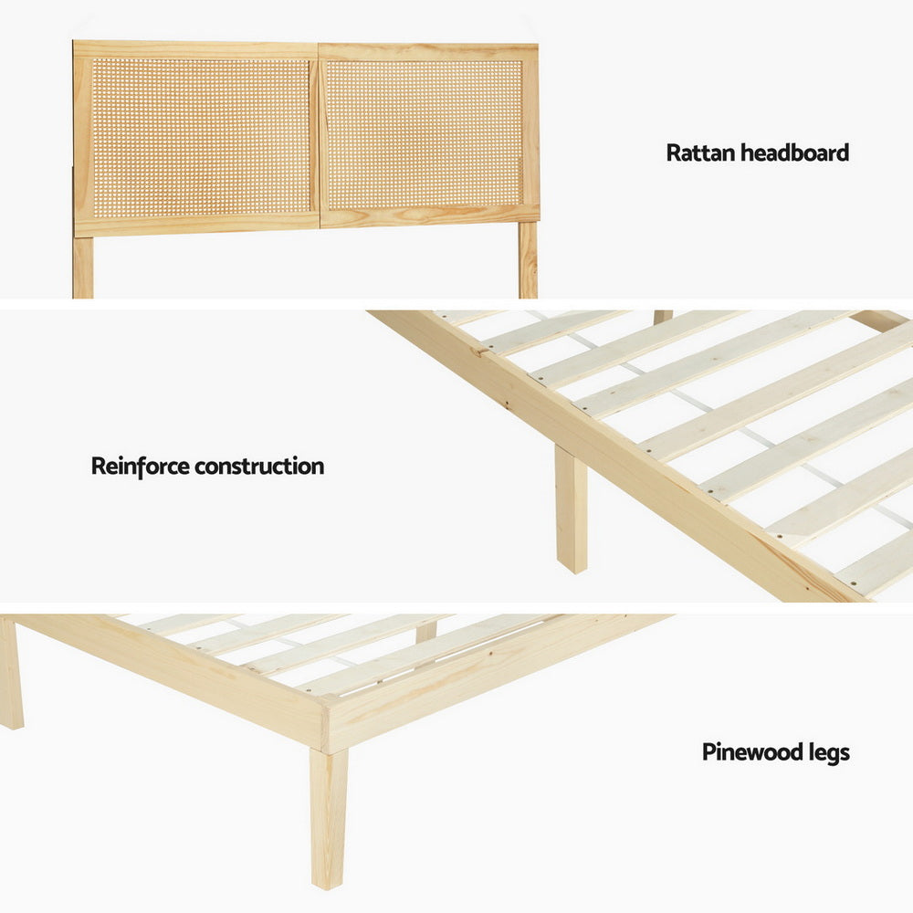 Bed Frame Double Size With Rattan Headboard Wooden Bed Base Bruno