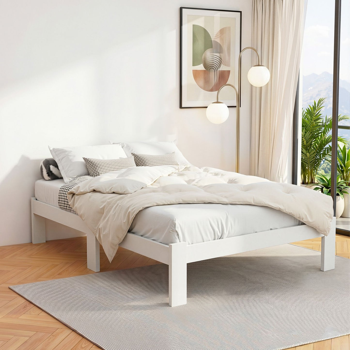Bed Frame Double Size Wooden White Jade
