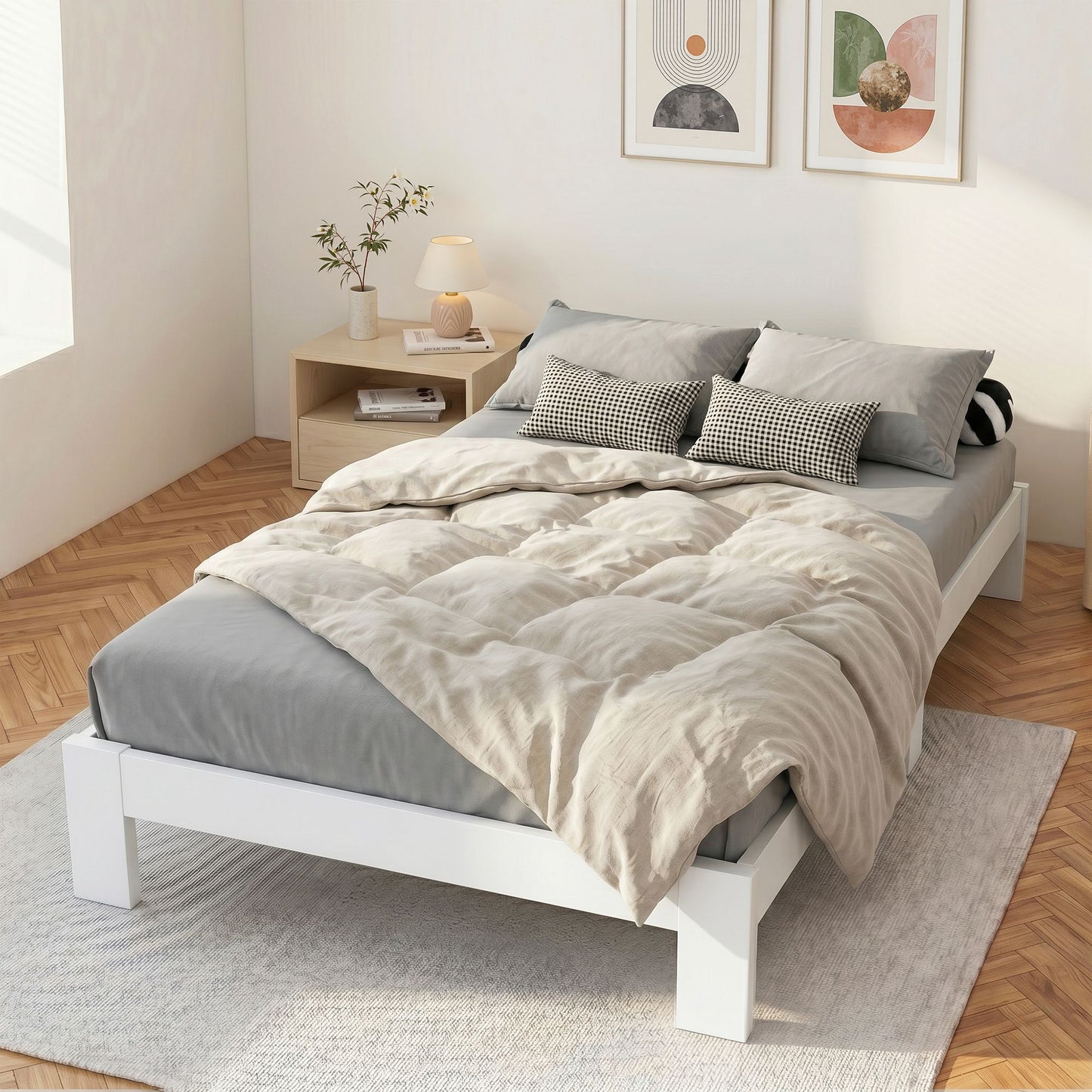 Bed Frame Double Size Wooden White Jade