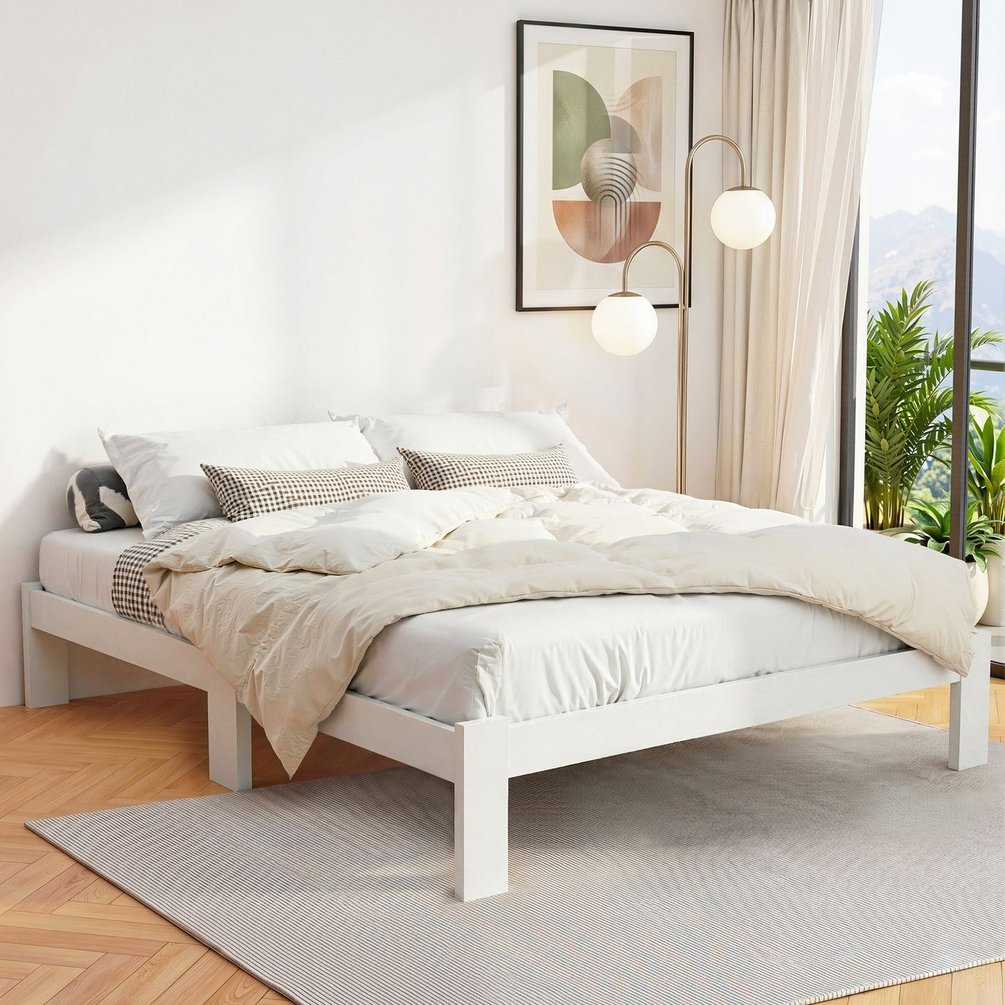 Bed Frame Queen Size Wooden White Jade