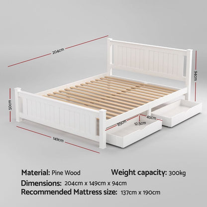Double Bed Frame White Wooden 204x149x94cm