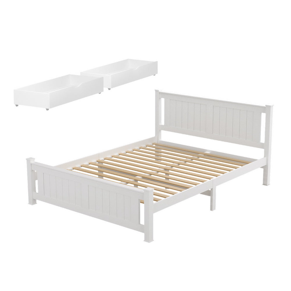 Bed Frame Double Size Wooden Platform With 2 Storage Drawers White