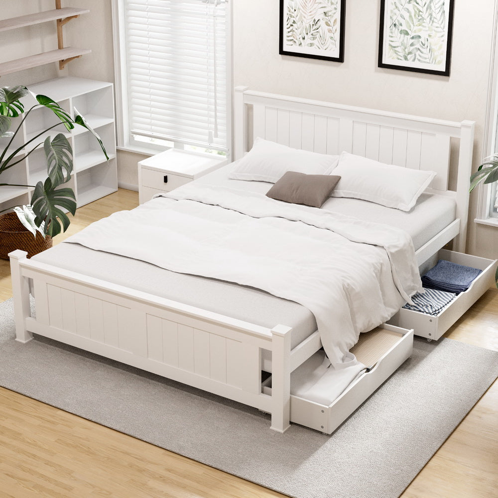 Bed Frame Double Size Wooden Platform With 2 Storage Drawers White