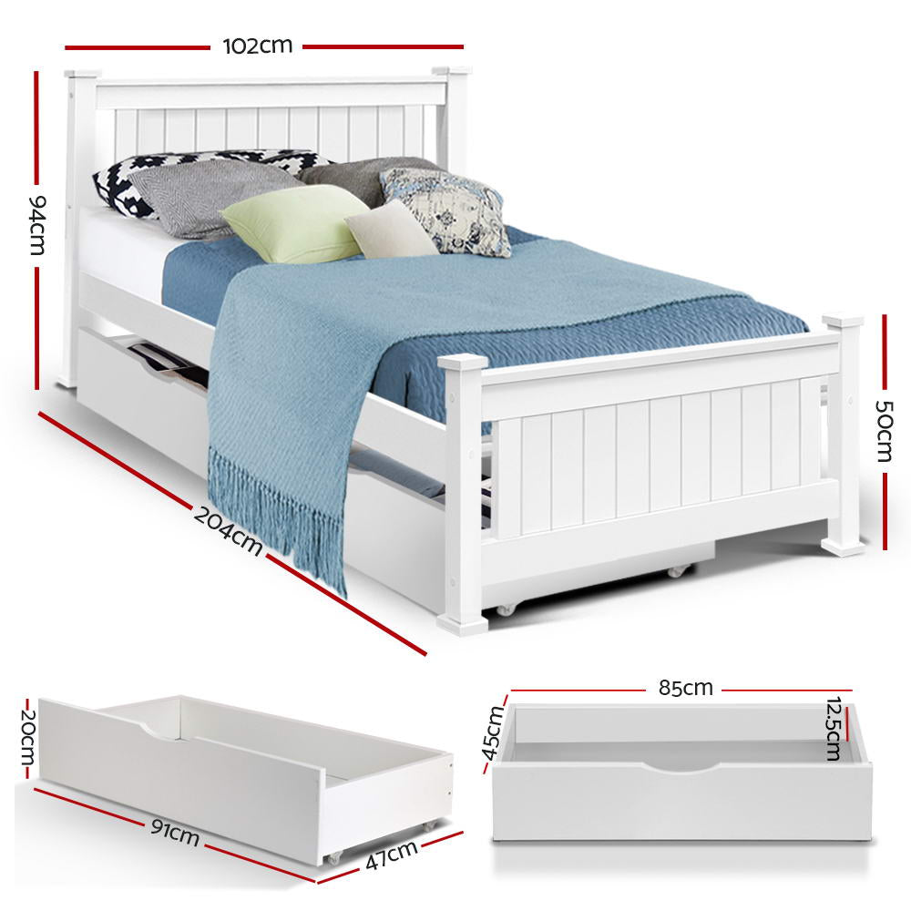Bed Frame Single Size Wooden With 2 Drawers White Rio