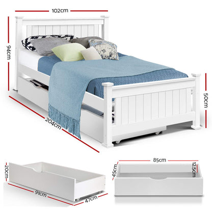 Bed Frame Single Size Wooden With 2 Drawers White Rio