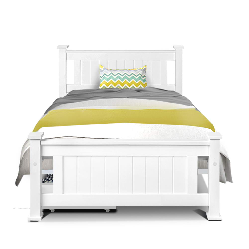 Bed Frame Single Size Wooden With 2 Drawers White Rio