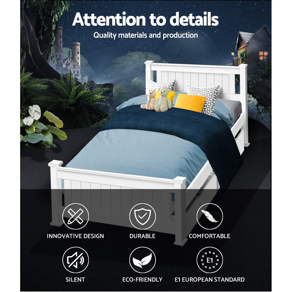 Bed Frame Single Size Wooden With 2 Drawers White Rio