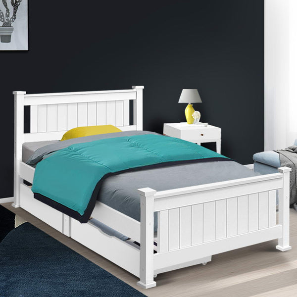  Bed Frame Single Size Wooden With 2 Drawers White Rio