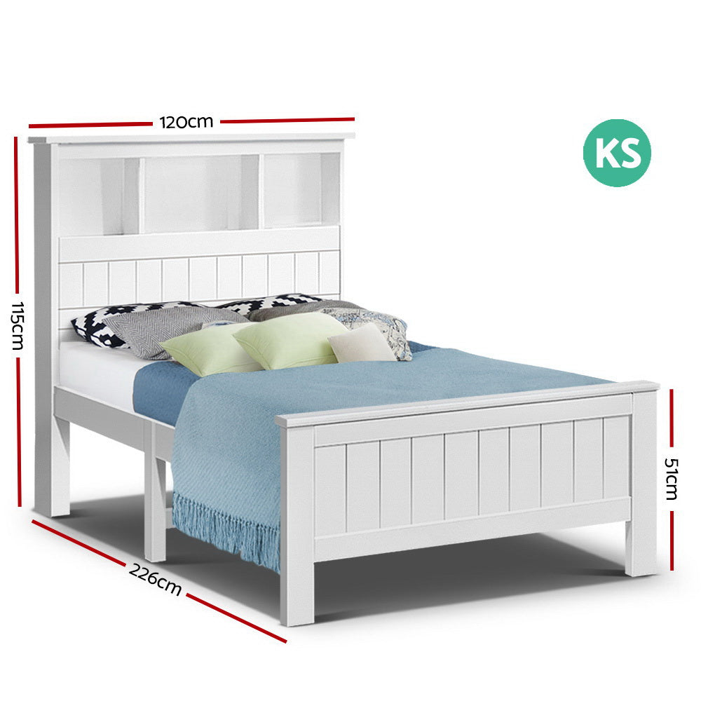 Bed Frame King Single Size Wooden With 3 Shelves Bed Head White