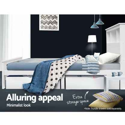 Bed Frame King Single Size Wooden With 3 Shelves Bed Head White