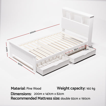  Bed Frame King Single Size Wooden with 2 Storage Drawers White