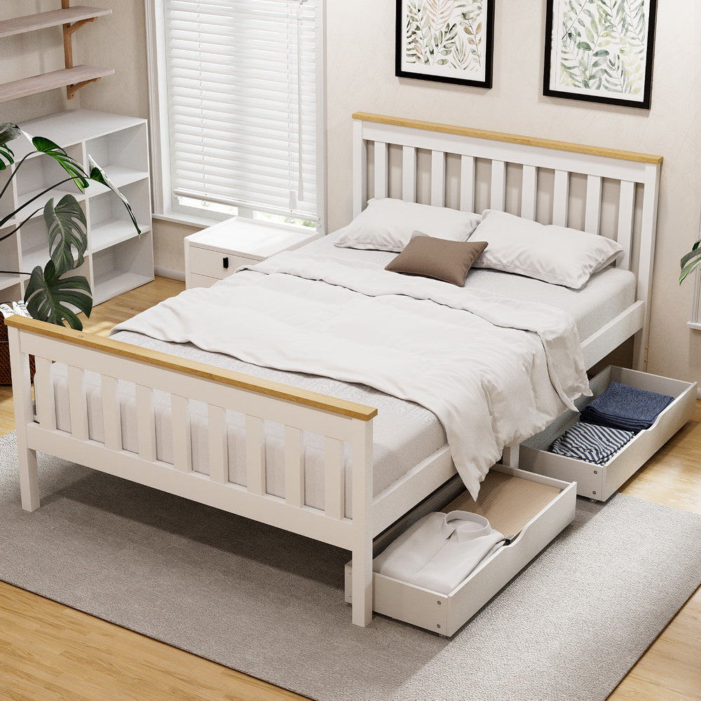 Bed Frame Double Size Wooden Platform With 2 Storage Drawers White