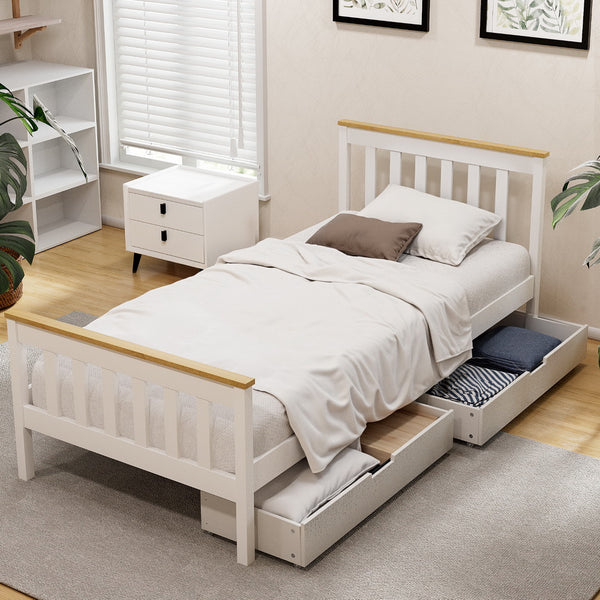  Bed Frame Single Size Wooden Platform With 2 Storage Drawers White