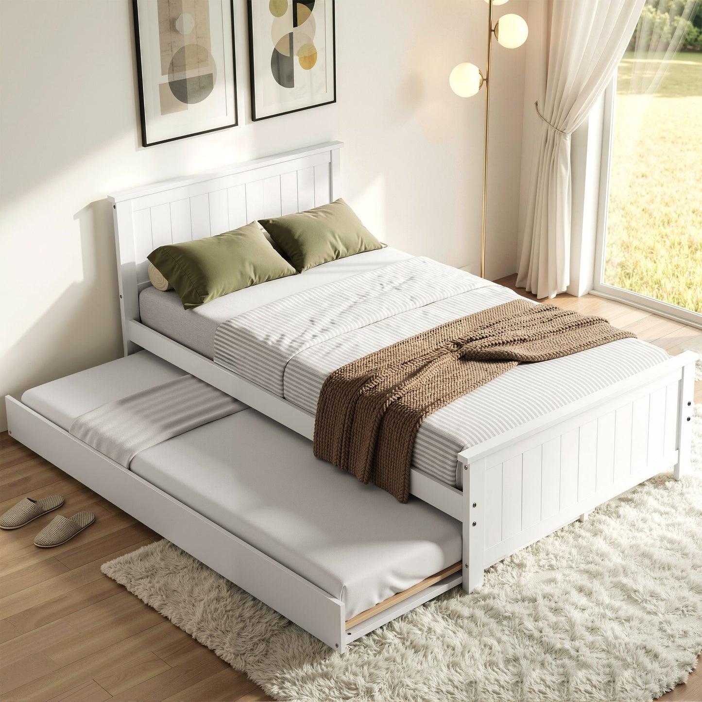 Single Bed Frame Trundle Solid Pine White | HomeAndLiving