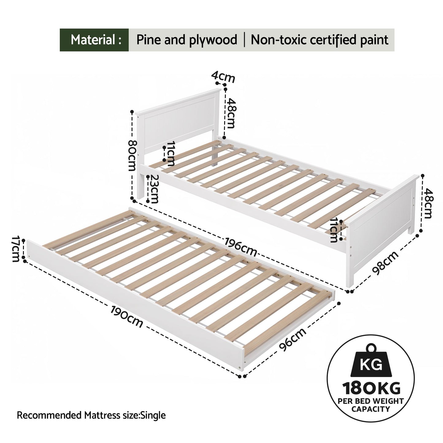 Single Bed Frame Trundle Solid Pine White | HomeAndLiving - 2