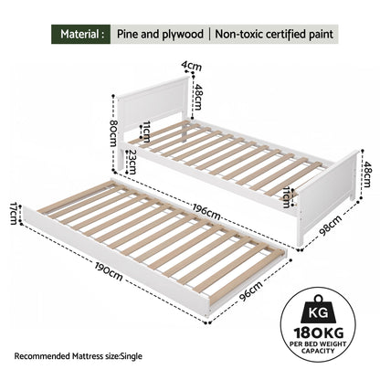 Single Bed Frame Trundle Solid Pine White | HomeAndLiving - 2