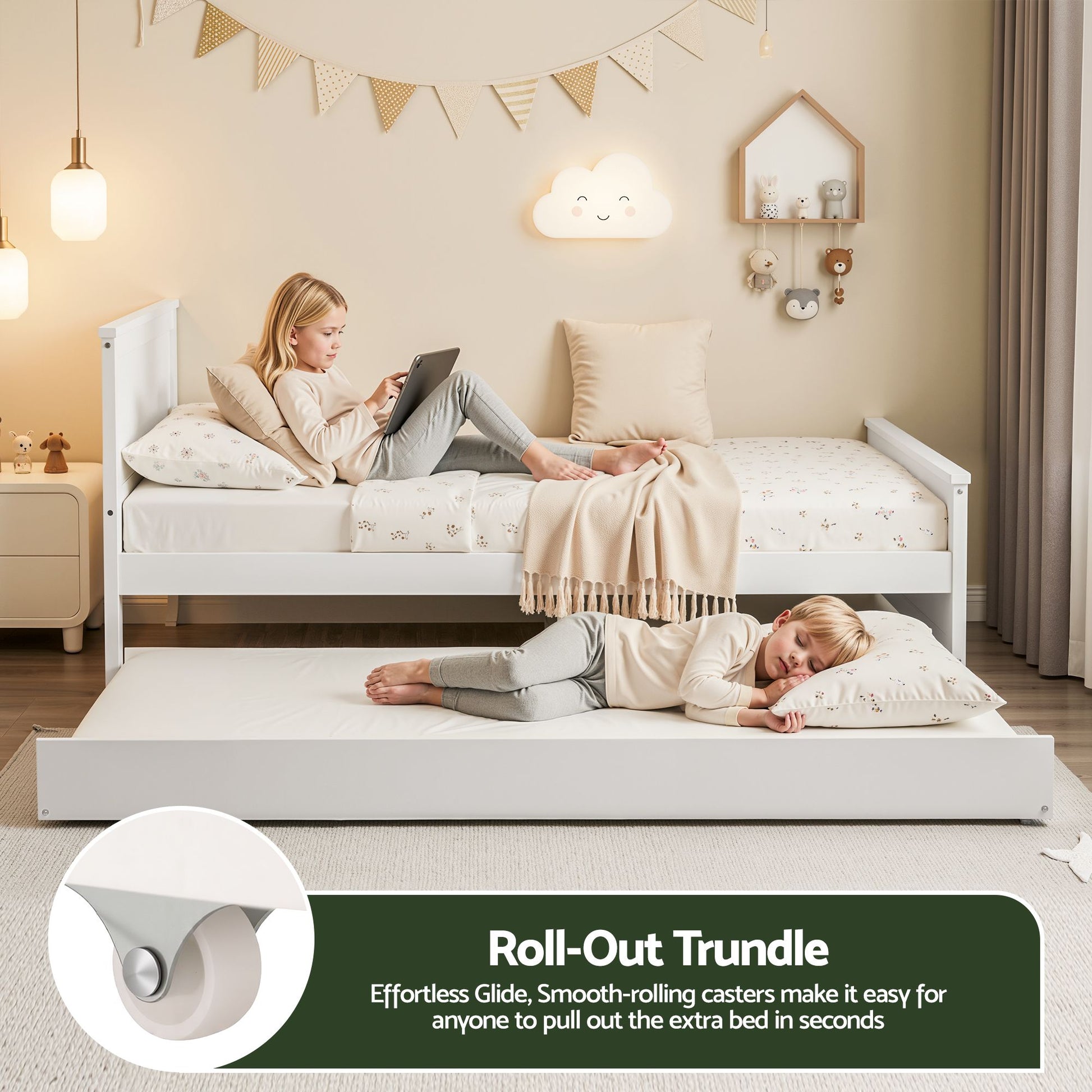 Single Bed Frame Trundle Solid Pine White | HomeAndLiving - 4