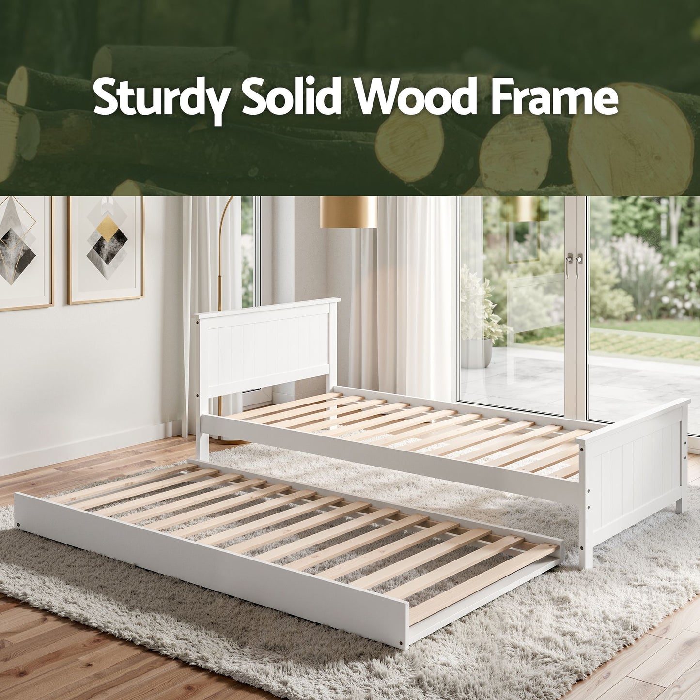 Single Bed Frame Trundle Solid Pine White | HomeAndLiving - 5