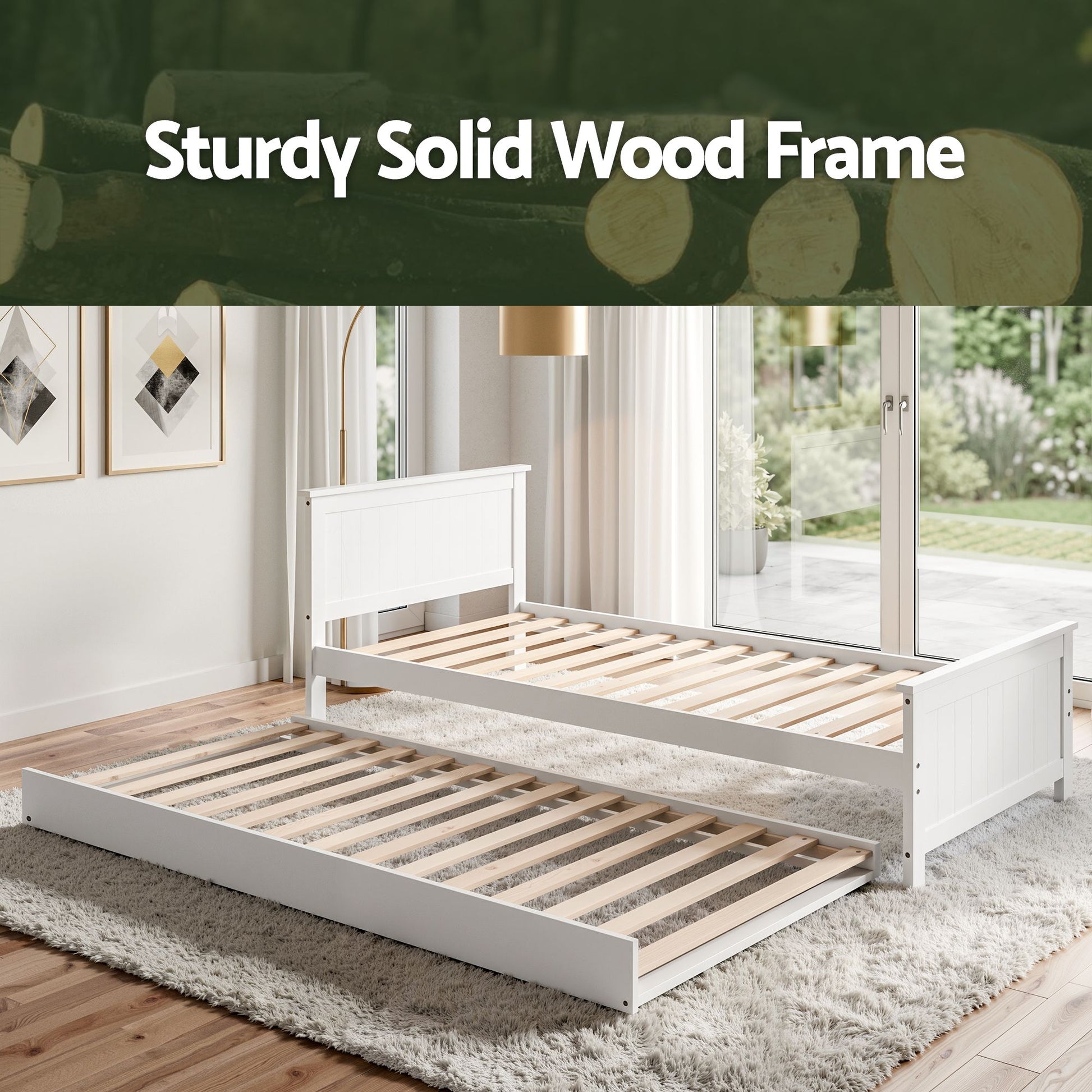 Single Bed Frame Trundle Solid Pine White | HomeAndLiving - 5