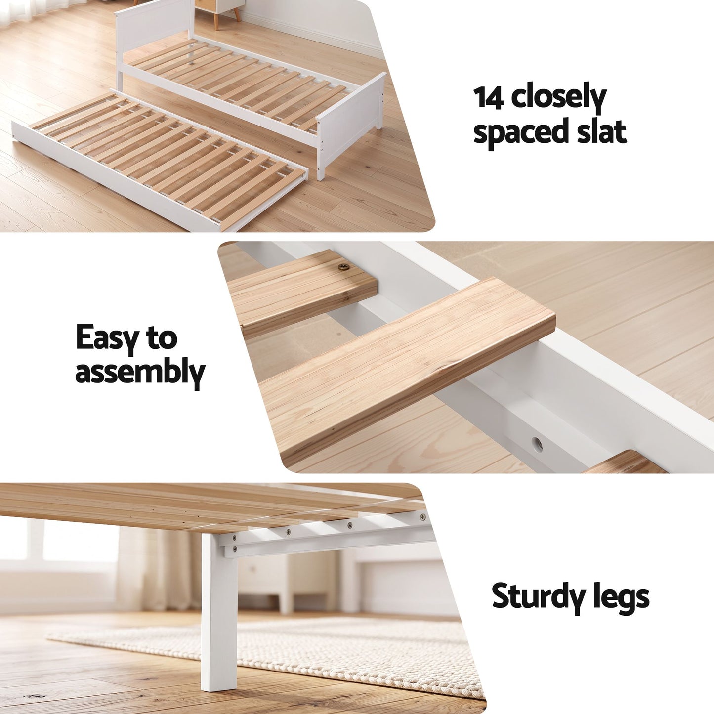 Single Bed Frame Trundle Solid Pine White | HomeAndLiving - 7