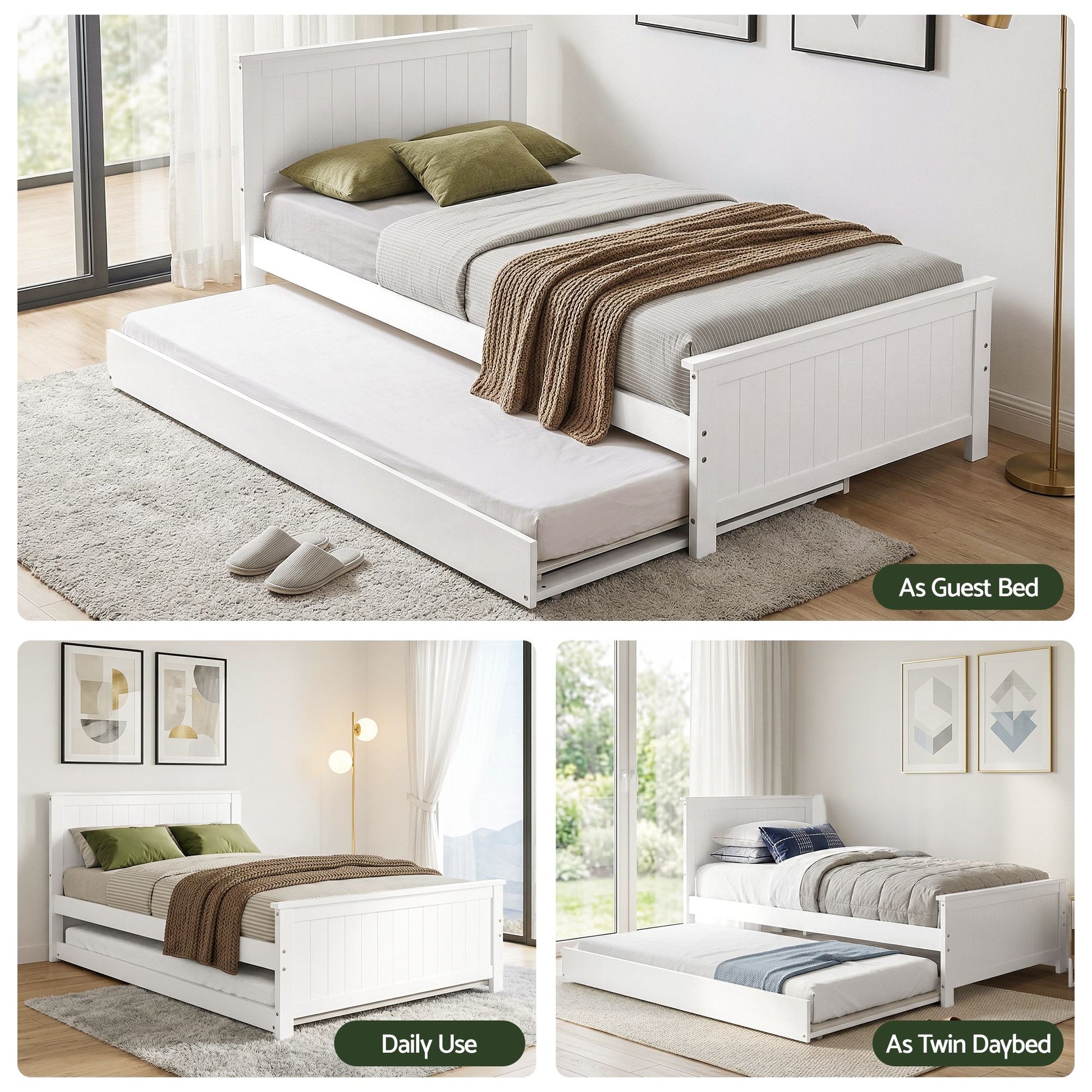 Single Bed Frame Trundle Solid Pine White | HomeAndLiving - 8