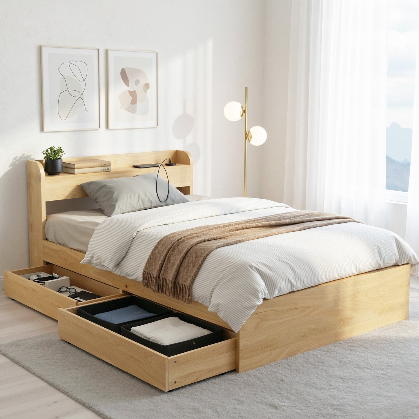 King Single Bed Frame Drawers USB Headboard | Home & Living