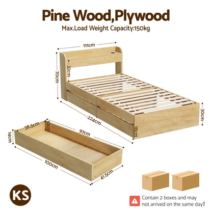 King Single Bed Frame Drawers USB Headboard | Home & Living - 2