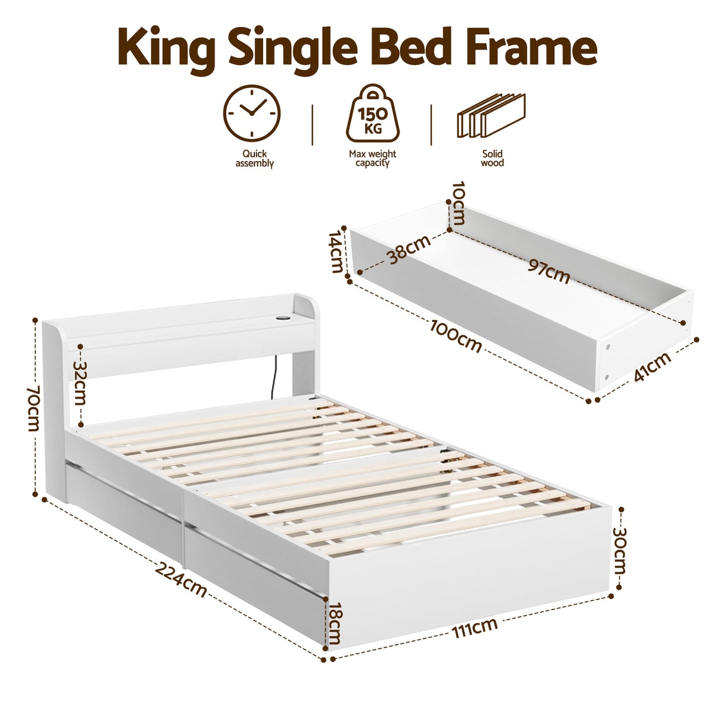 King Single Bed Frame With Storage 211x96x70cm