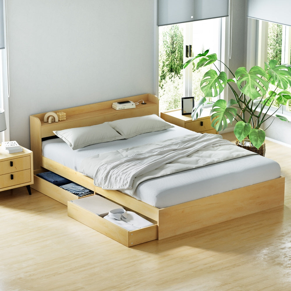 Bed Frame with Charging Ports and 2 Drawers