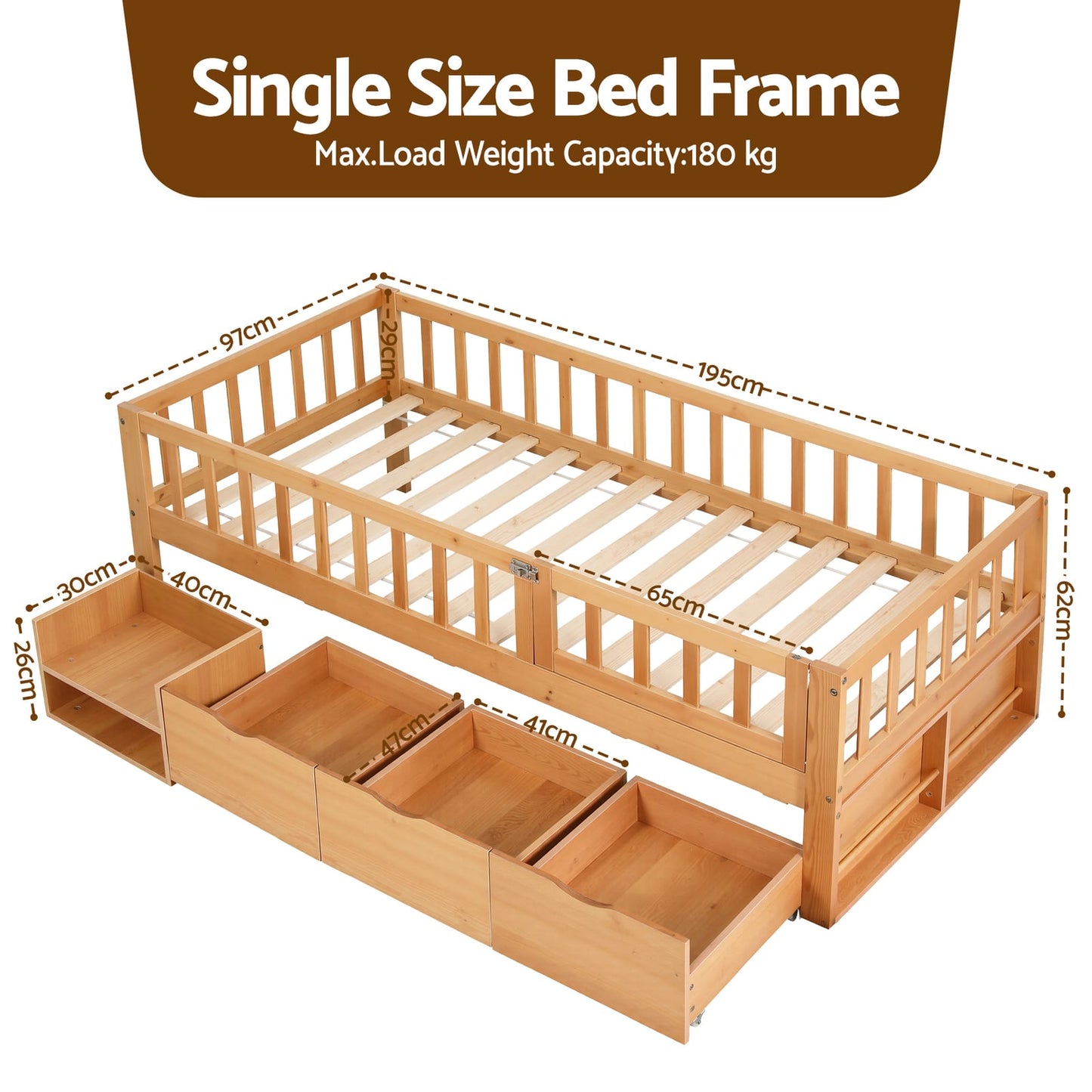 Kids Single Bed Frame Storage 195x97x62cm