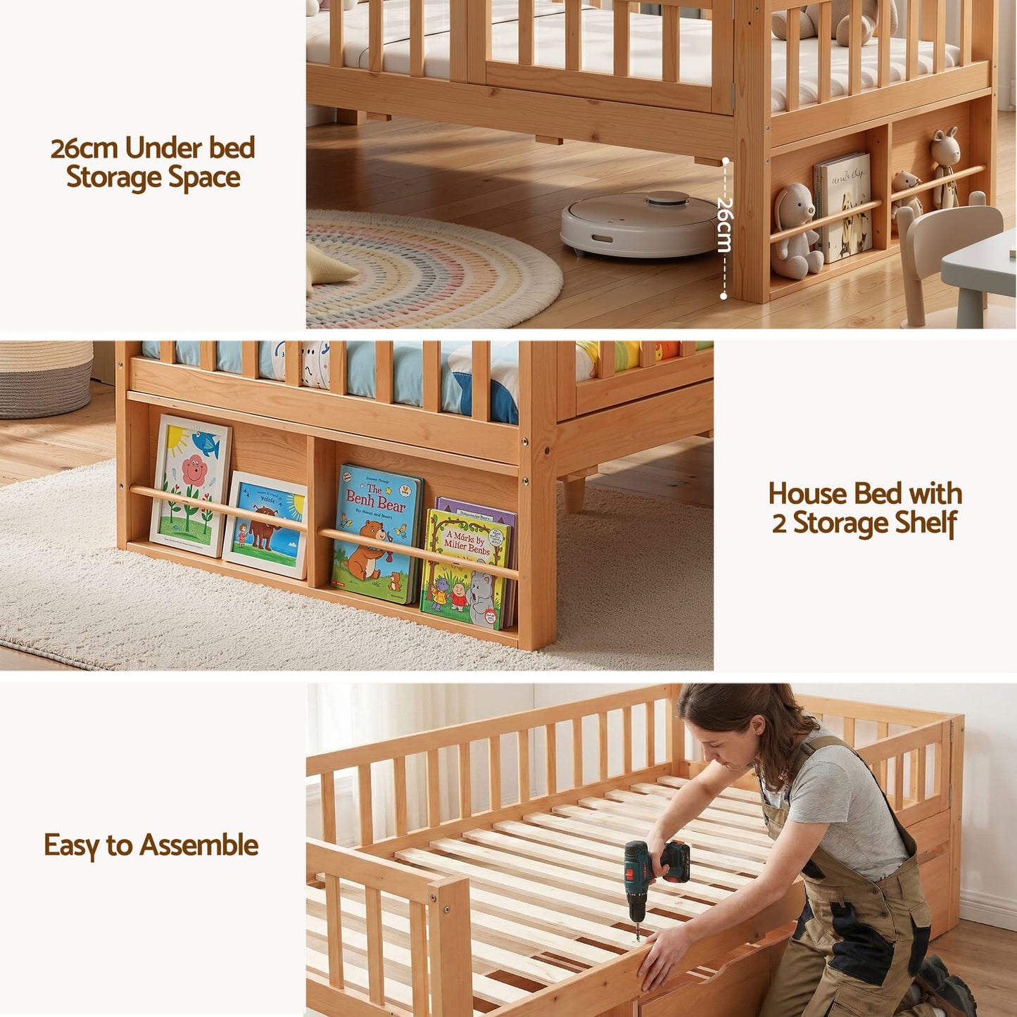 Kids Single Bed Frame Storage 195x97x62cm