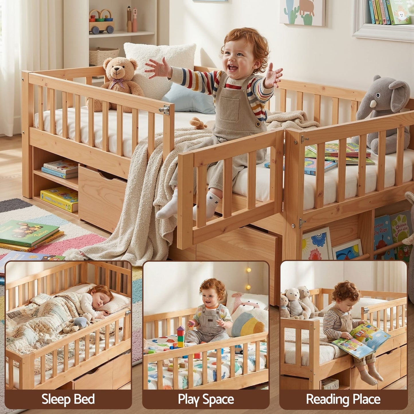 Kids Single Bed Frame Storage 195x97x62cm