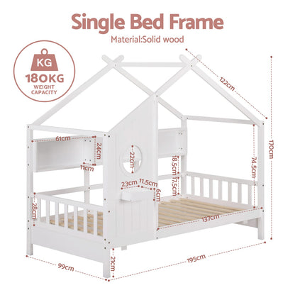 Kids Single Bed Frame White 195x99x170cm