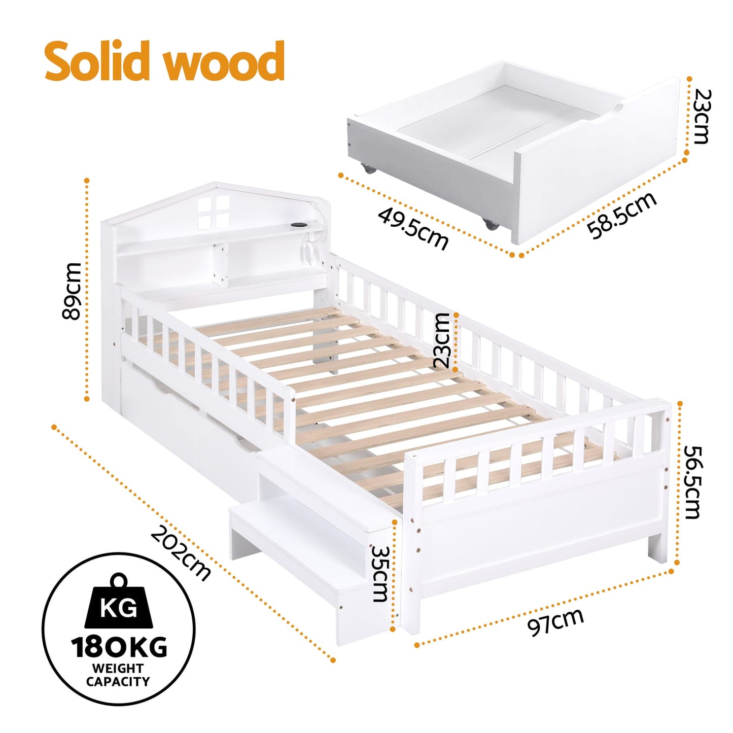 Single Bed Frame Storage White 202x97x89cm