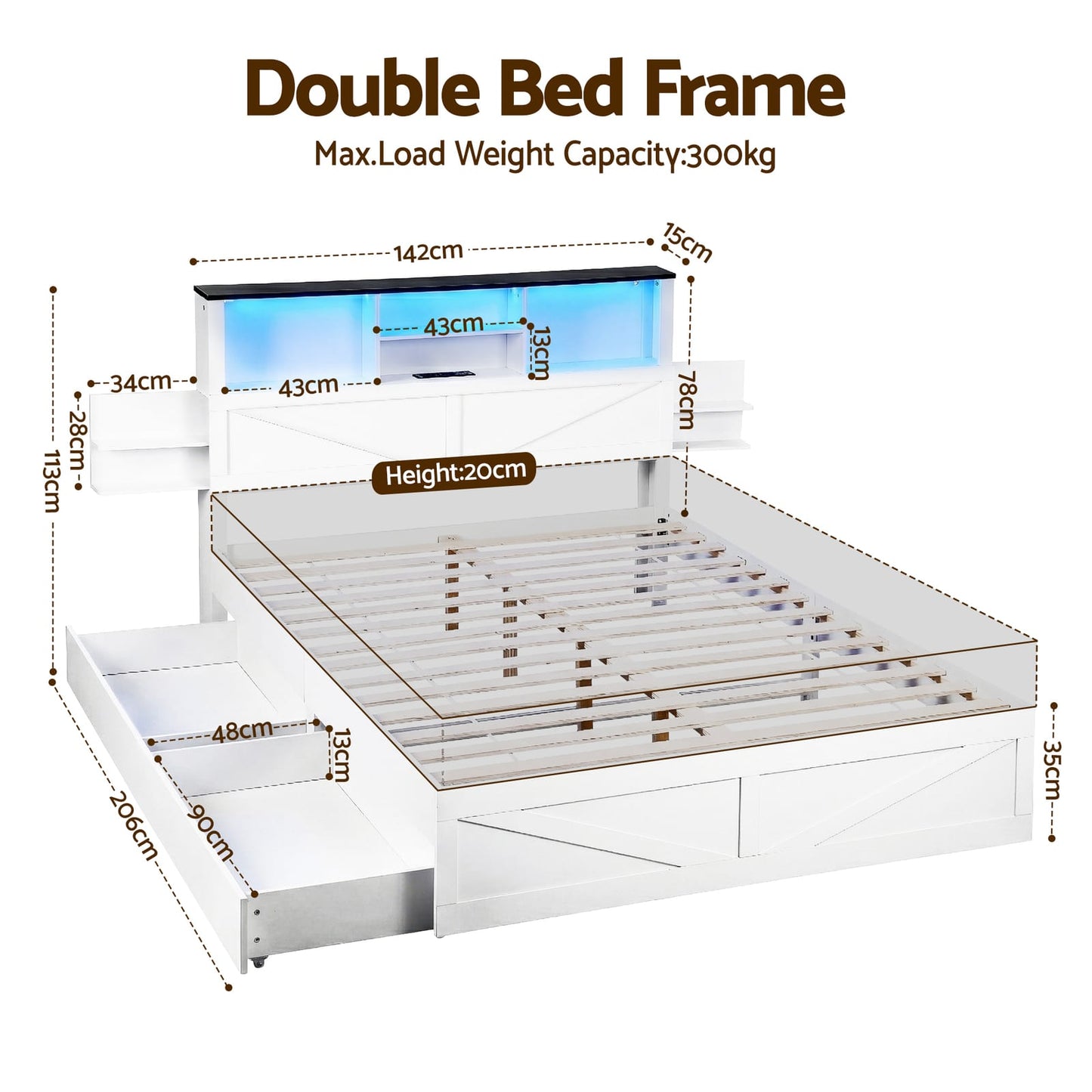 Double Bed Frame Storage 142x206x113cm