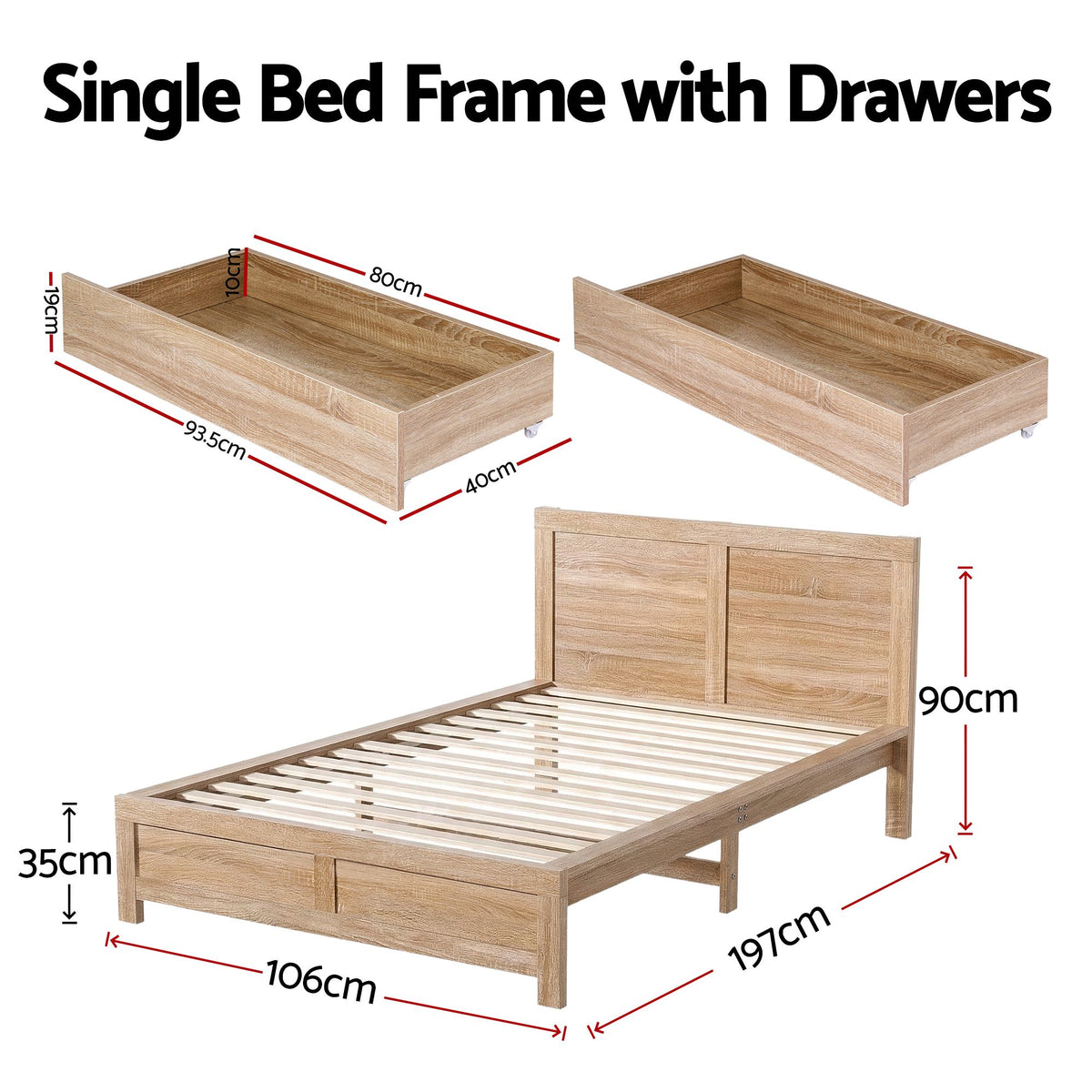 Single Bed Frame 2 Drawers Walnut Wooden | HomeAndLiving - 3