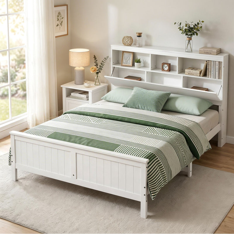 Queen Bed Frame Storage Headboard Pine White