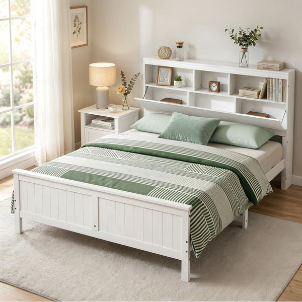  Queen Bed Frame Storage Headboard Pine White | HomeAndLiving
