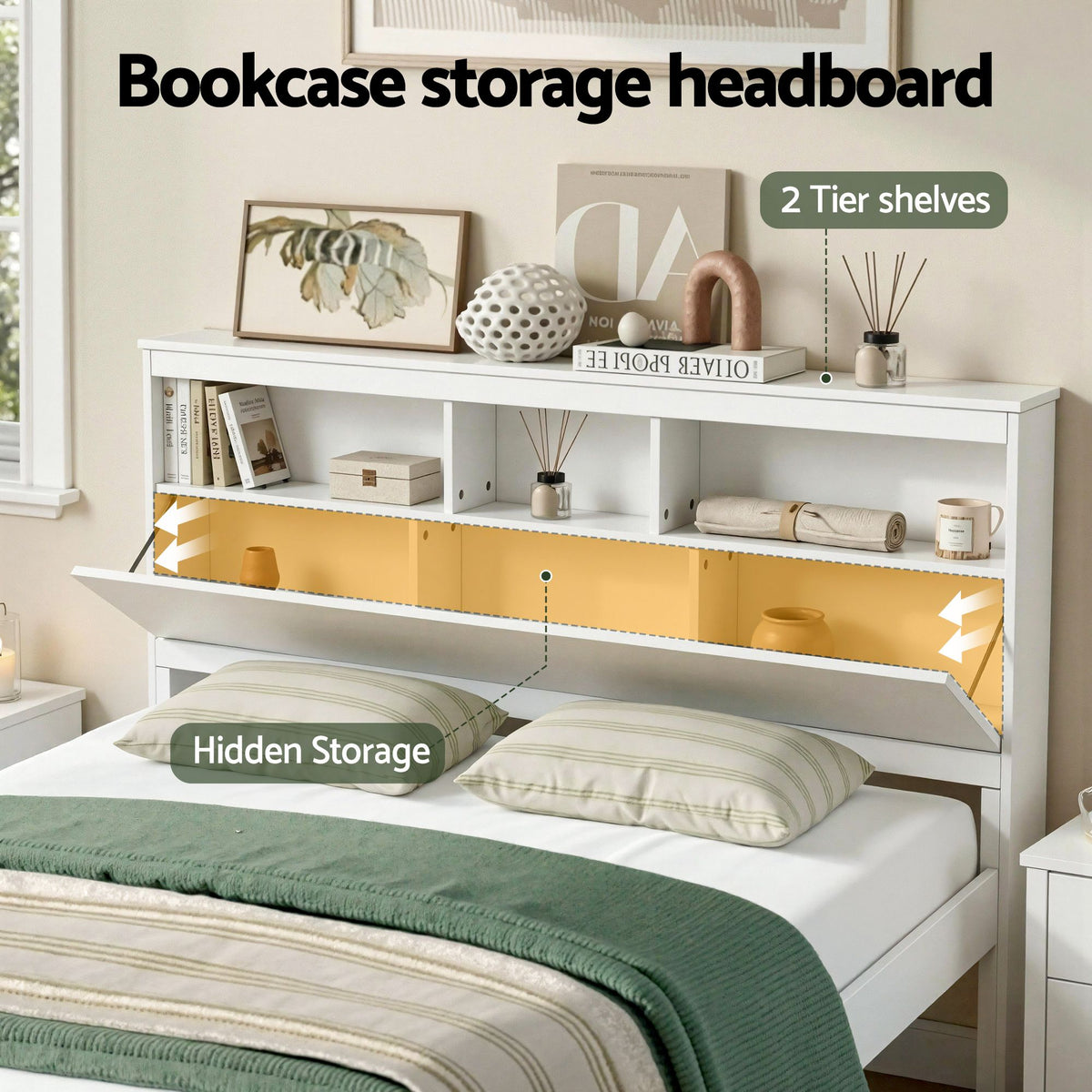 Queen Bed Frame Storage Headboard Pine White | HomeAndLiving - 5