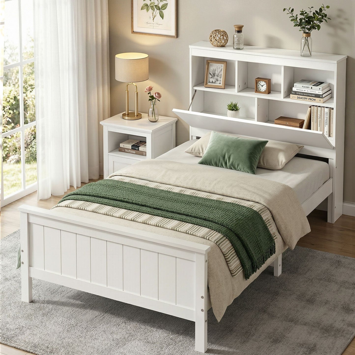 Single Bed Frame Storage Headboard Pine White | HomeAndLivin