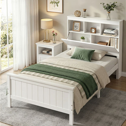 Single Bed Frame Storage Headboard Pine White | HomeAndLivin