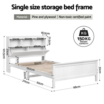 Single Bed Frame Storage Headboard Pine White | HomeAndLivin - 2
