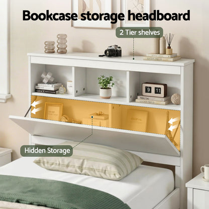 Single Bed Frame Storage Headboard Pine White | HomeAndLivin - 4