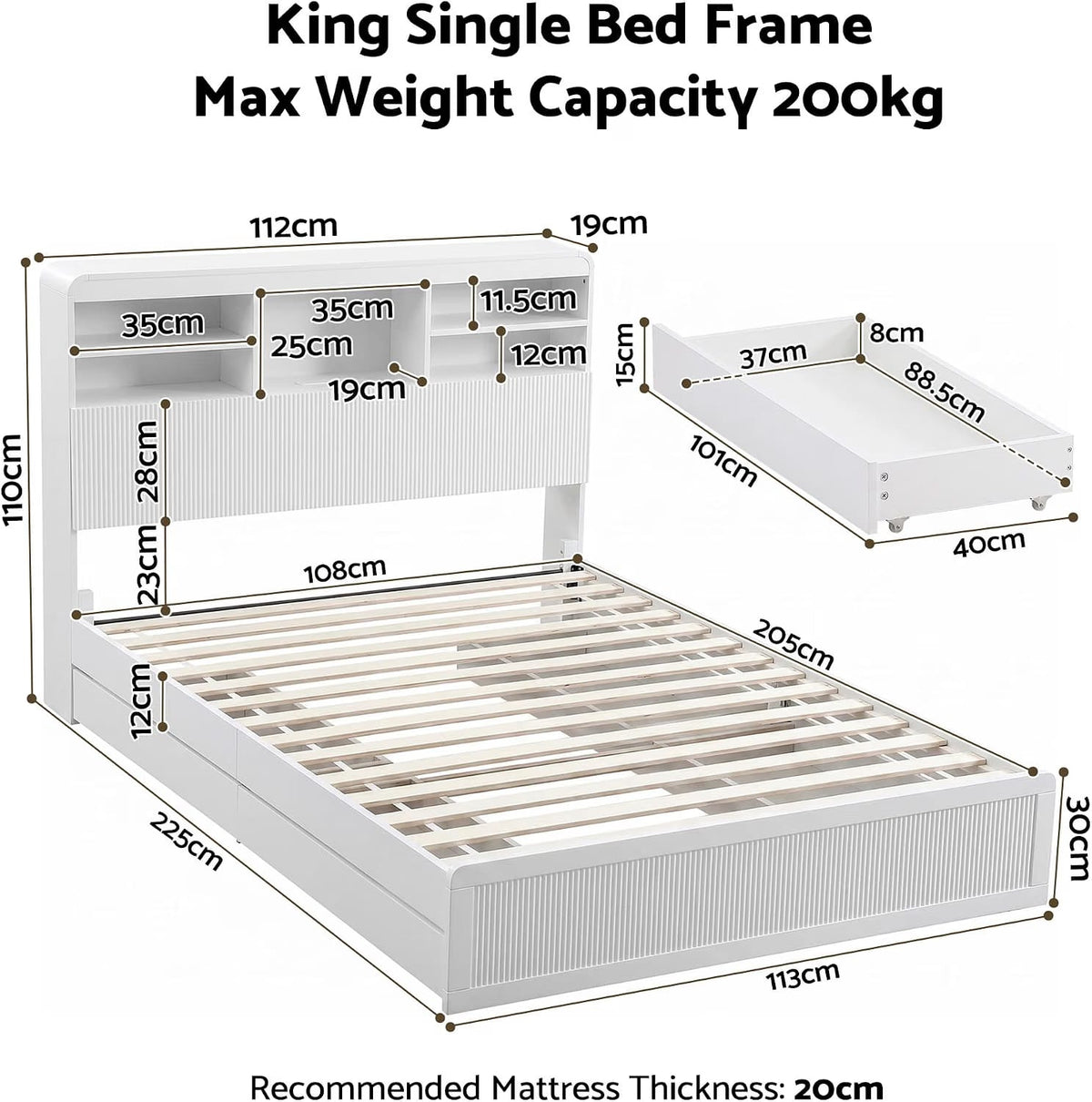 King Single Bed Frame Storage 101x40x15cm