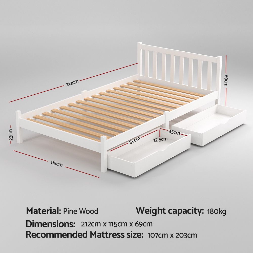 Bed Frame King Single Size Wooden Platform With 2 Storage Drawers - 2