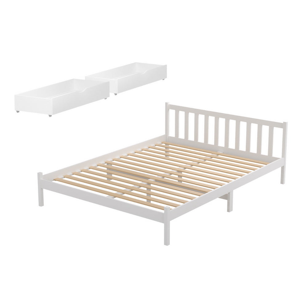 Bed Frame Queen Size Wooden Platform With 2 Storage Drawers White