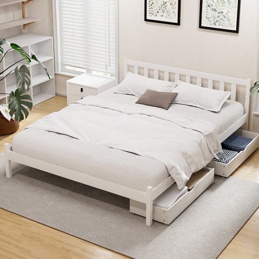 Bed Frame Queen Size Wooden Platform With 2 Storage Drawers White