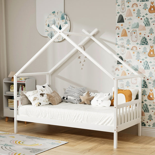  Bed Frame Wooden Base Kids Single Timber House Beds White